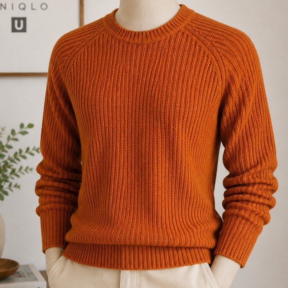Uniqlo U Mens Sweater Burnt Orange Chunky Knit Cotton Crewneck M